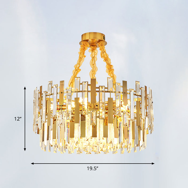 9 Heads Drum Chandelier Contemporary Gold Blocks Clear Crystal Prisms Pendant Ceiling Light Clearhalo 'Ceiling Lights' 'Chandeliers' 'Clear' 'Industrial' 'Modern Chandeliers' 'Modern' 'Tiffany' 'Traditional Chandeliers' Lighting' 1417538