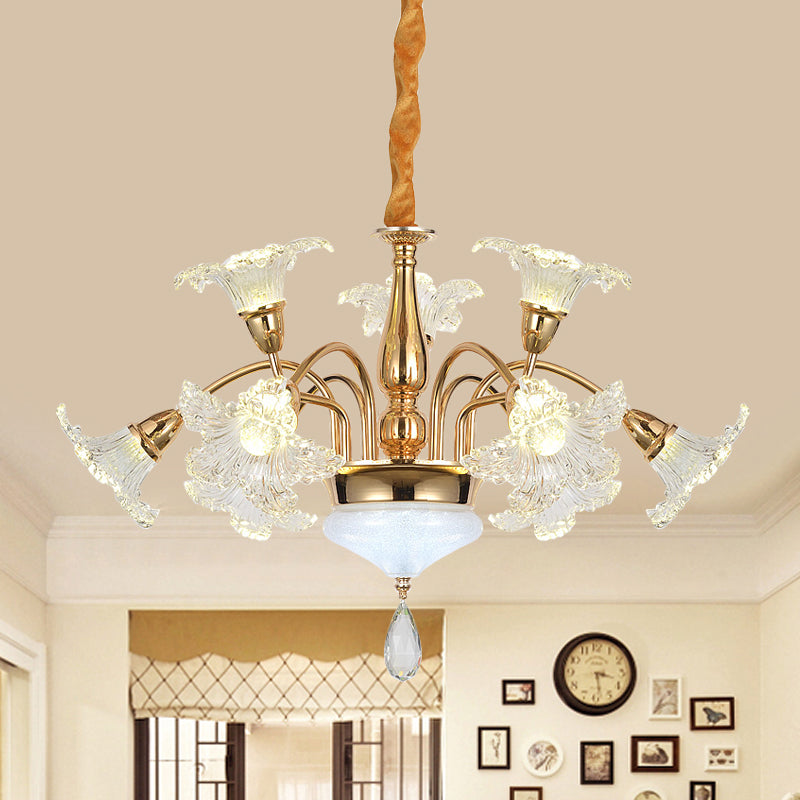 Gold 7/10 Bulbs Ceiling Light Modern Clear Crystal Floral Shade Scrolls Hanging Chandelier 10 Gold Clearhalo 'Ceiling Lights' 'Chandeliers' 'Modern Chandeliers' 'Modern' Lighting' 1417633