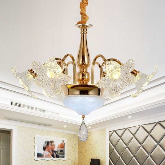 Gold 7/10 Bulbs Ceiling Light Modern Clear Crystal Floral Shade Scrolls Hanging Chandelier 7 Gold Clearhalo 'Ceiling Lights' 'Chandeliers' 'Modern Chandeliers' 'Modern' Lighting' 1417637