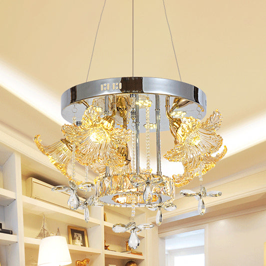 LED Hanging Lighting Modern Flower Amber Crystal Shade Chandelier Lamp for Dinning Room Amber Clearhalo 'Ceiling Lights' 'Chandeliers' 'Modern Chandeliers' 'Modern' Lighting' 1417695