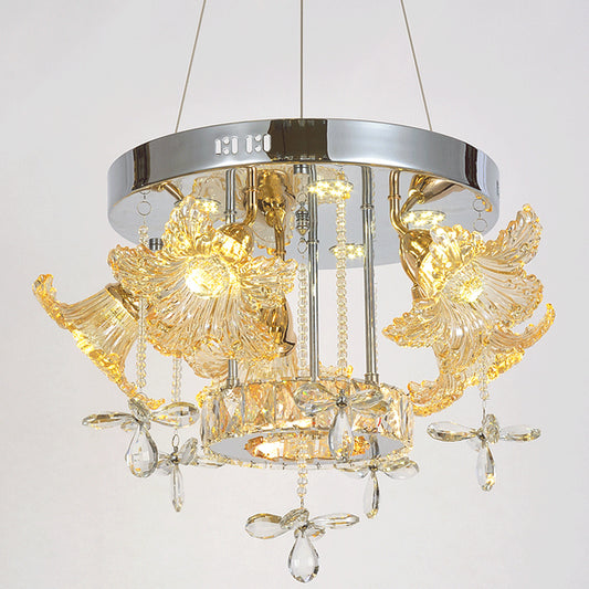 LED Hanging Lighting Modern Flower Amber Crystal Shade Chandelier Lamp for Dinning Room Clearhalo 'Ceiling Lights' 'Chandeliers' 'Modern Chandeliers' 'Modern' Lighting' 1417697