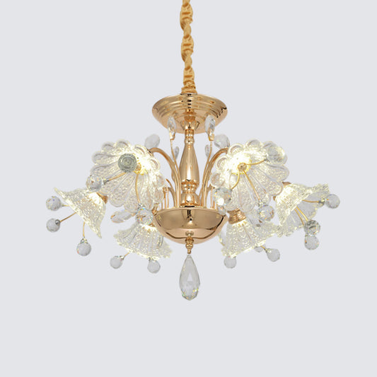 6 Bulbs Curved Arm Chandelier Lamp Contemporary Gold Finish Clear Crystal Flower Shade Suspension Light Clearhalo 'Ceiling Lights' 'Chandeliers' 'Modern Chandeliers' 'Modern' Lighting' 1417701
