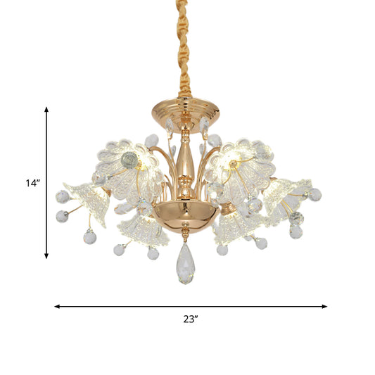 6 Bulbs Curved Arm Chandelier Lamp Contemporary Gold Finish Clear Crystal Flower Shade Suspension Light Clearhalo 'Ceiling Lights' 'Chandeliers' 'Modern Chandeliers' 'Modern' Lighting' 1417702