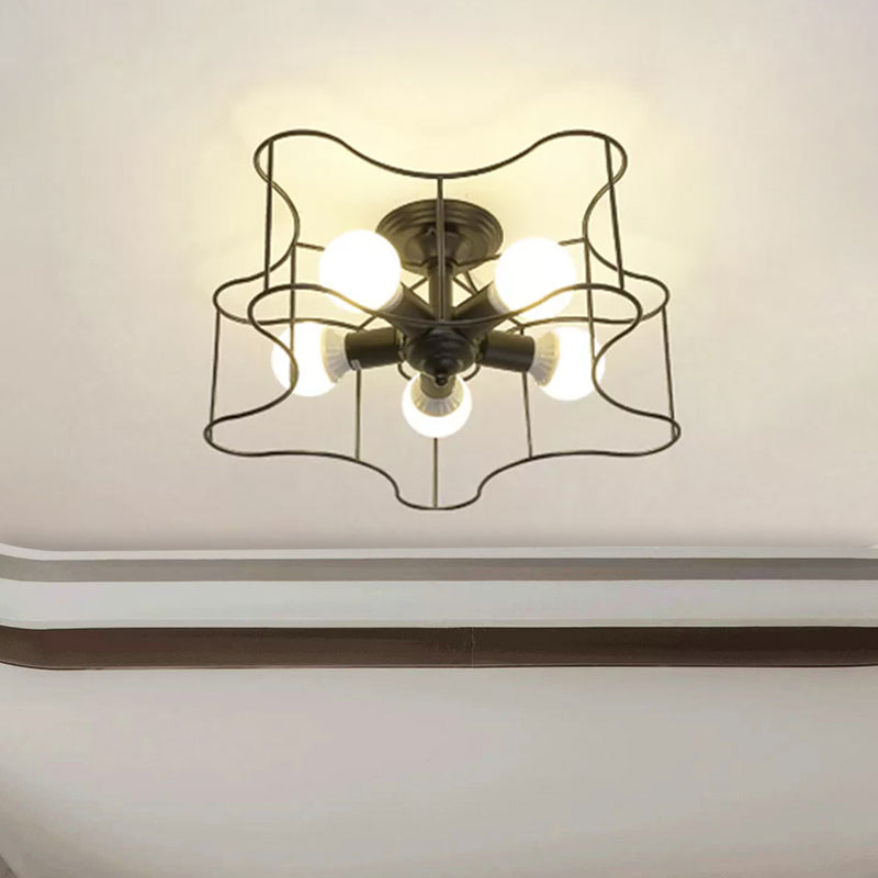 Star Shaped Metal Semi Flush Industrial 5-Bulb Living Room Light Fixture in Black/White with Cage Clearhalo 'Ceiling Lights' 'Close To Ceiling Lights' 'Close to ceiling' 'Semi-flushmount' Lighting' 1417721