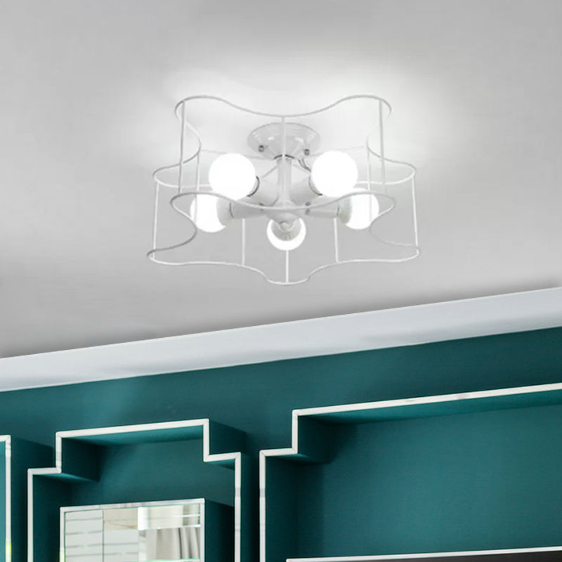 Star Shaped Metal Semi Flush Industrial 5-Bulb Living Room Light Fixture in Black/White with Cage Clearhalo 'Ceiling Lights' 'Close To Ceiling Lights' 'Close to ceiling' 'Semi-flushmount' Lighting' 1417722