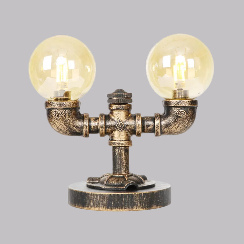 Clear/Amber Glass Round Shade Task Lighting Vintage Style 2 Lights Coffee Shop Desk Lamp in Antique Silver/Bronze Clearhalo 'Lamps' 'Table Lamps' Lighting' 1417740