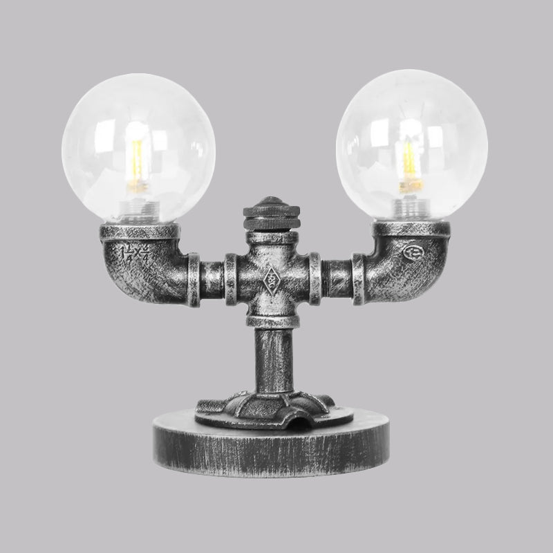 Clear/Amber Glass Round Shade Task Lighting Vintage Style 2 Lights Coffee Shop Desk Lamp in Antique Silver/Bronze Clearhalo 'Lamps' 'Table Lamps' Lighting' 1417741