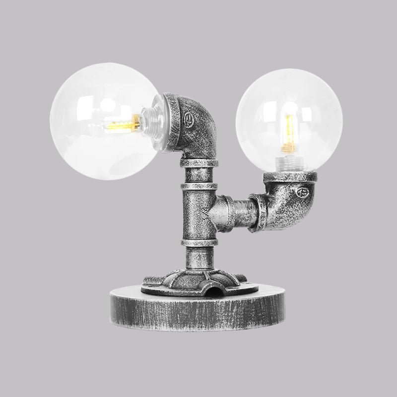 Clear/Amber Glass Round Shade Task Lighting Vintage Style 2 Lights Coffee Shop Desk Lamp in Antique Silver/Bronze Clearhalo 'Lamps' 'Table Lamps' Lighting' 1417742