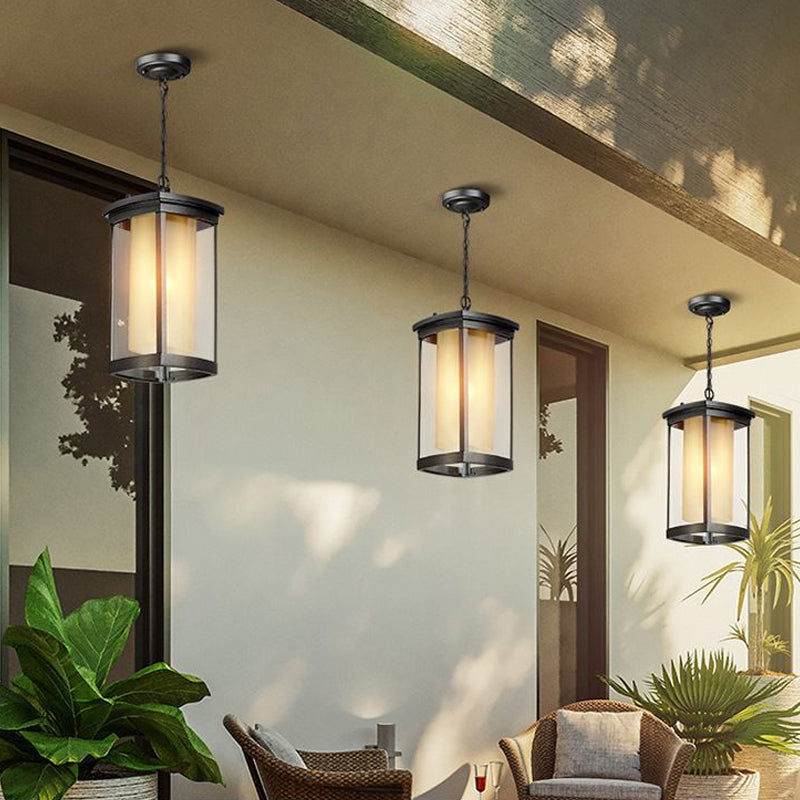 Industrial Rectangle Hanging Light Double Glass Shade 1 Light Outdoor Pendant Light in Black for Courtyard, 5"/7"/8" W Clearhalo 'Ceiling Lights' 'Chandeliers' 'Glass shade' 'Glass' 'Industrial Pendants' 'Industrial' 'Middle Century Pendants' 'Pendant Lights' 'Pendants' 'Tiffany' Lighting' 1417762