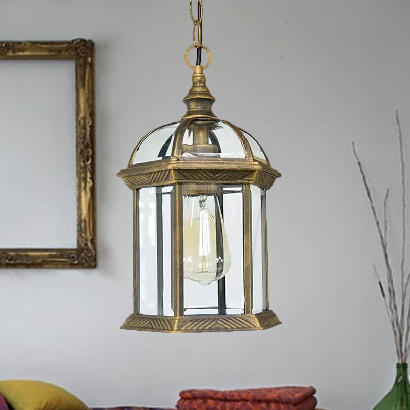 Black/Bronze/Gold Lantern Ceiling Hanging Light with Clear Glass Shade 1 Bulb 8"/9.5"/12" W Vintage Outdoor Lighting Clearhalo 'Ceiling Lights' 'Chandeliers' 'Glass shade' 'Glass' 'Industrial Pendants' 'Industrial' 'Middle Century Pendants' 'Pendant Lights' 'Pendants' 'Tiffany' Lighting' 1417764