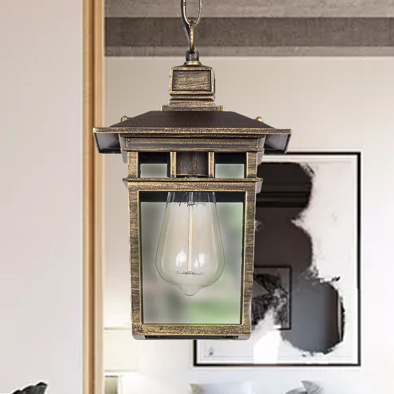 Industrial Lantern Hanging Lighting Metal and Clear Glass 1 Light Black/Bronze/Gold Outdoor Pendant Lamp for Porch Clearhalo 'Ceiling Lights' 'Chandeliers' 'Glass shade' 'Glass' 'Industrial Pendants' 'Industrial' 'Middle Century Pendants' 'Pendant Lights' 'Pendants' 'Tiffany' Lighting' 1417766