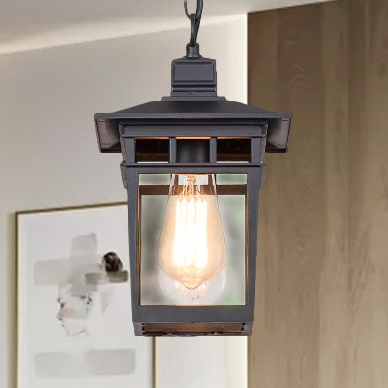 Industrial Lantern Hanging Lighting Metal and Clear Glass 1 Light Black/Bronze/Gold Outdoor Pendant Lamp for Porch Clearhalo 'Ceiling Lights' 'Chandeliers' 'Glass shade' 'Glass' 'Industrial Pendants' 'Industrial' 'Middle Century Pendants' 'Pendant Lights' 'Pendants' 'Tiffany' Lighting' 1417768