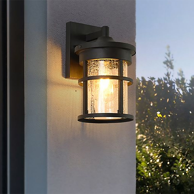Cylinder Outdoor Wall Light Fixture Vintage Crackle Glass 1 Light Black Sconce Lamp, 6"/8" Wide Clearhalo 'Art deco wall lights' 'Cast Iron' 'Glass' 'Industrial wall lights' 'Industrial' 'Middle century wall lights' 'Modern' 'Rustic wall lights' 'Tiffany' 'Traditional wall lights' 'Wall Lamps & Sconces' 'Wall Lights' Lighting' 1417780