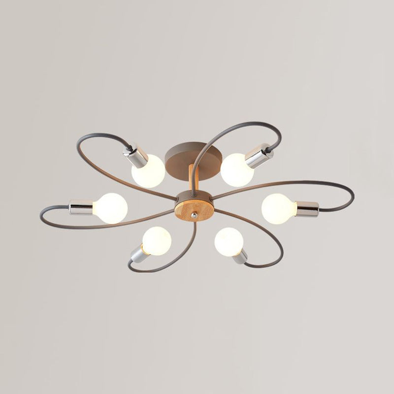 Metal Swirl Semi Flush Mount Lighting Industrial 3/6 Lights Living Room Ceiling Mounted Fixture in Grey/Green Clearhalo 'Ceiling Lights' 'Close To Ceiling Lights' 'Close to ceiling' 'Semi-flushmount' Lighting' 1417832