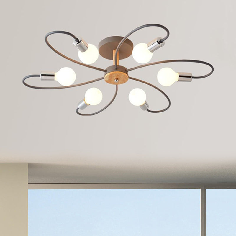 Metal Swirl Semi Flush Mount Lighting Industrial 3/6 Lights Living Room Ceiling Mounted Fixture in Grey/Green Clearhalo 'Ceiling Lights' 'Close To Ceiling Lights' 'Close to ceiling' 'Semi-flushmount' Lighting' 1417834