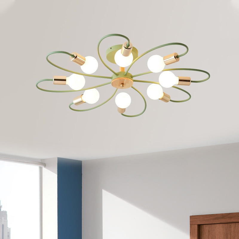 Metal Swirl Semi Flush Mount Lighting Industrial 3/6 Lights Living Room Ceiling Mounted Fixture in Grey/Green Clearhalo 'Ceiling Lights' 'Close To Ceiling Lights' 'Close to ceiling' 'Semi-flushmount' Lighting' 1417837