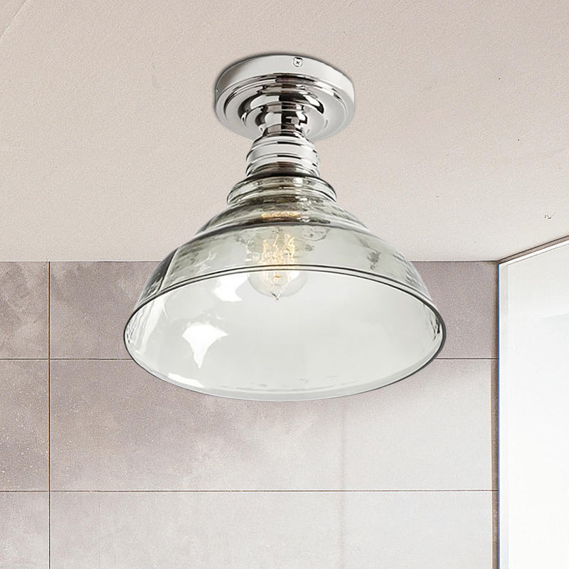 1 Light Bowl Shade Semi Flush Light Industrial Black/Chrome Clear Glass Ceiling Mount for Living Room Clearhalo 'Ceiling Lights' 'Close To Ceiling Lights' 'Close to ceiling' 'Glass shade' 'Glass' 'Semi-flushmount' Lighting' 1417869