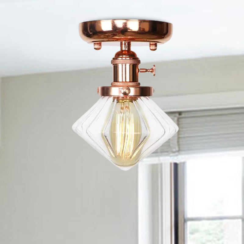 Single Bulb Semi Flush Mount Industrial Globe/Wide Flare/Diamond Light Fixture Ceiling with Clear/Amber Glass Shade Clearhalo 'Ceiling Lights' 'Chandeliers' 'Close To Ceiling Lights' 'Close to ceiling' 'Glass shade' 'Glass' 'Semi-flushmount' Lighting' 1417874