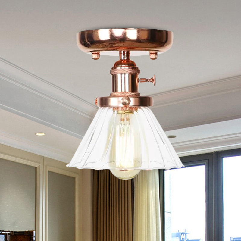 Single Bulb Semi Flush Mount Industrial Globe/Wide Flare/Diamond Light Fixture Ceiling with Clear/Amber Glass Shade Clearhalo 'Ceiling Lights' 'Chandeliers' 'Close To Ceiling Lights' 'Close to ceiling' 'Glass shade' 'Glass' 'Semi-flushmount' Lighting' 1417875