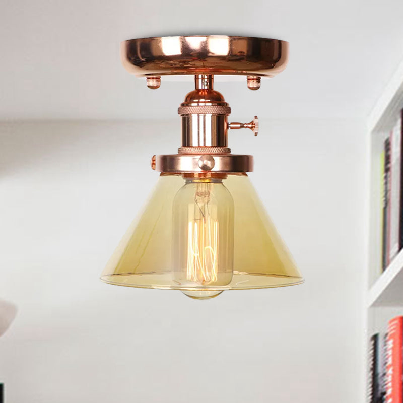 Single Bulb Semi Flush Mount Industrial Globe/Wide Flare/Diamond Light Fixture Ceiling with Clear/Amber Glass Shade Clearhalo 'Ceiling Lights' 'Chandeliers' 'Close To Ceiling Lights' 'Close to ceiling' 'Glass shade' 'Glass' 'Semi-flushmount' Lighting' 1417878