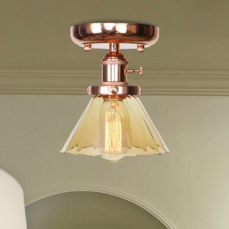 Single Bulb Semi Flush Mount Industrial Globe/Wide Flare/Diamond Light Fixture Ceiling with Clear/Amber Glass Shade Clearhalo 'Ceiling Lights' 'Chandeliers' 'Close To Ceiling Lights' 'Close to ceiling' 'Glass shade' 'Glass' 'Semi-flushmount' Lighting' 1417879