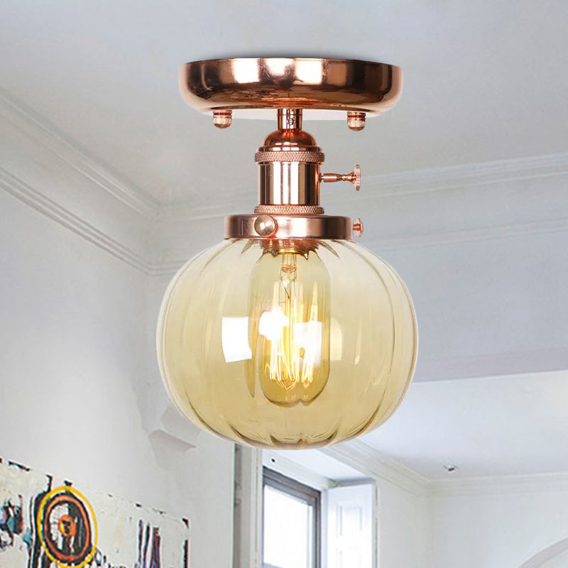 Single Bulb Semi Flush Mount Industrial Globe/Wide Flare/Diamond Light Fixture Ceiling with Clear/Amber Glass Shade Clearhalo 'Ceiling Lights' 'Chandeliers' 'Close To Ceiling Lights' 'Close to ceiling' 'Glass shade' 'Glass' 'Semi-flushmount' Lighting' 1417882