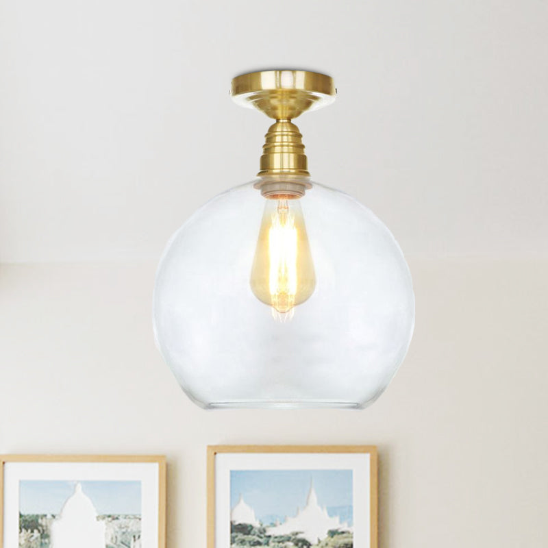 1 Light Spherical Semi Flush Light Brass Industrial Clear/Amber Glass Ceiling Mount, 8"/10"/12" Wide Clearhalo 'Ceiling Lights' 'Close To Ceiling Lights' 'Close to ceiling' 'Glass shade' 'Glass' 'Semi-flushmount' Lighting' 1417883