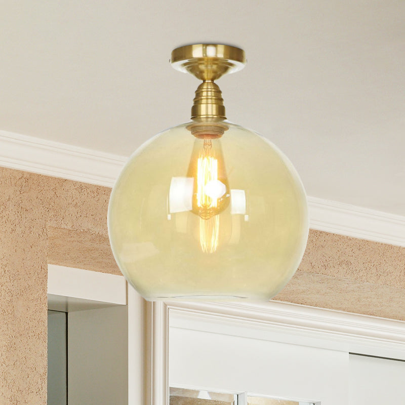 1 Light Spherical Semi Flush Light Brass Industrial Clear/Amber Glass Ceiling Mount, 8"/10"/12" Wide Clearhalo 'Ceiling Lights' 'Close To Ceiling Lights' 'Close to ceiling' 'Glass shade' 'Glass' 'Semi-flushmount' Lighting' 1417884
