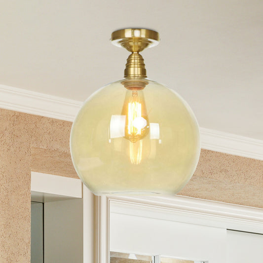 1 Light Spherical Semi Flush Light Brass Industrial Clear/Amber Glass Ceiling Mount, 8"/10"/12" Wide Clearhalo 'Ceiling Lights' 'Close To Ceiling Lights' 'Close to ceiling' 'Glass shade' 'Glass' 'Semi-flushmount' Lighting' 1417884