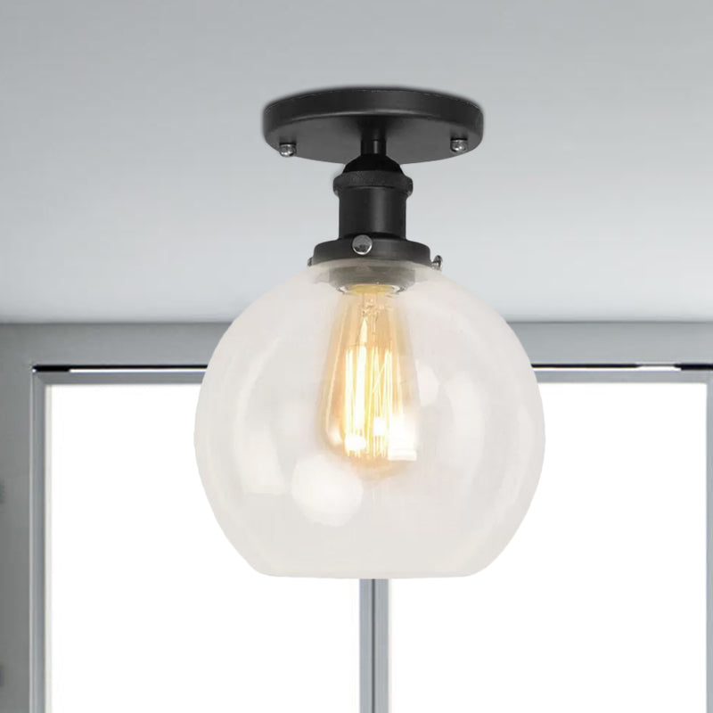 Spherical Balcony Semi Flush Industrial Clear Glass One Light Black/Brass/Copper Ceiling Light Fixture Clearhalo 'Ceiling Lights' 'Close To Ceiling Lights' 'Close to ceiling' 'Glass shade' 'Glass' 'Semi-flushmount' Lighting' 1417892