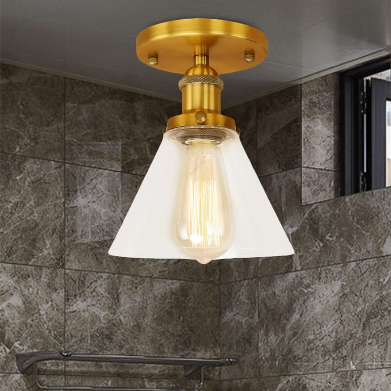 Single Bulb Semi Flush Mount Industrial Conical Clear Glass Ceiling Light in Black/Brass/Copper Clearhalo 'Ceiling Lights' 'Close To Ceiling Lights' 'Close to ceiling' 'Flush mount' 'Industrial Flush Mount' Lighting' 1417927