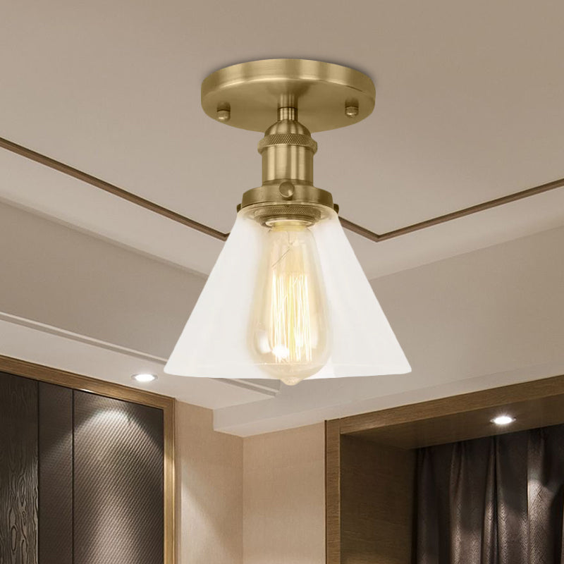 Single Bulb Semi Flush Mount Industrial Conical Clear Glass Ceiling Light in Black/Brass/Copper Clearhalo 'Ceiling Lights' 'Close To Ceiling Lights' 'Close to ceiling' 'Flush mount' 'Industrial Flush Mount' Lighting' 1417928