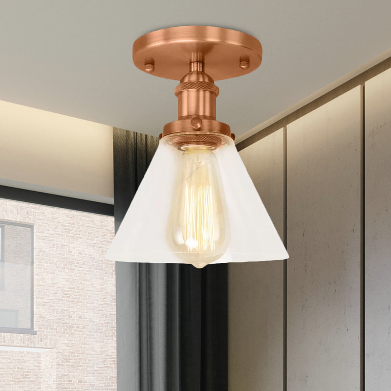 Single Bulb Semi Flush Mount Industrial Conical Clear Glass Ceiling Light in Black/Brass/Copper Clearhalo 'Ceiling Lights' 'Close To Ceiling Lights' 'Close to ceiling' 'Flush mount' 'Industrial Flush Mount' Lighting' 1417929