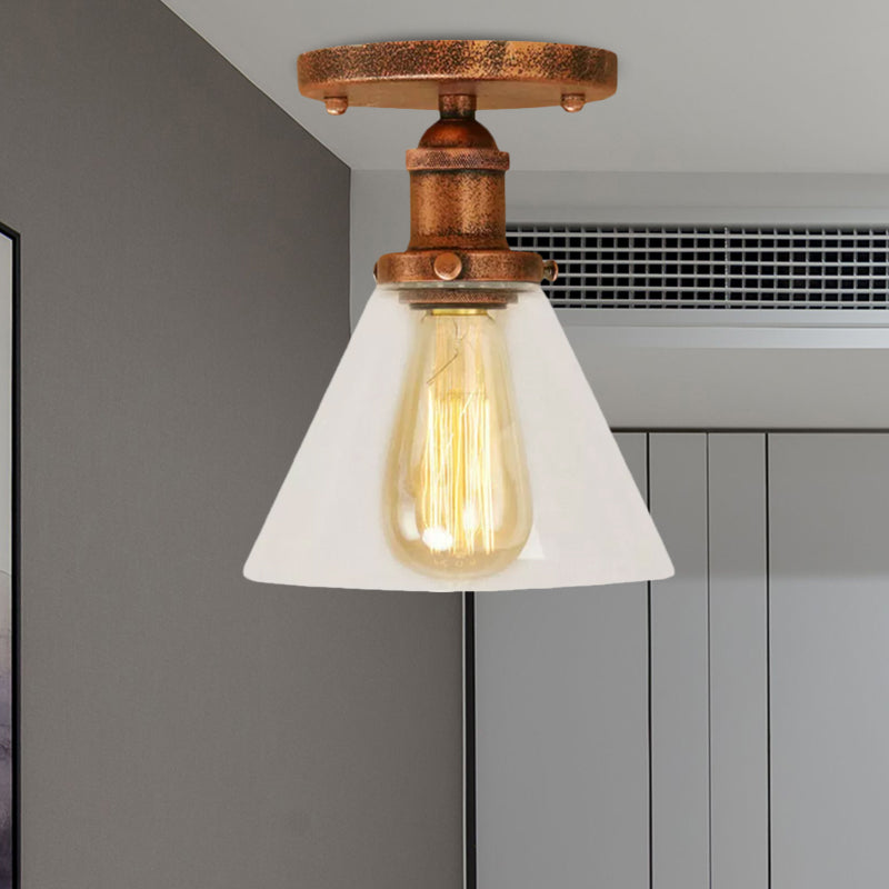 Single Bulb Semi Flush Mount Industrial Conical Clear Glass Ceiling Light in Black/Brass/Copper Clearhalo 'Ceiling Lights' 'Close To Ceiling Lights' 'Close to ceiling' 'Flush mount' 'Industrial Flush Mount' Lighting' 1417930