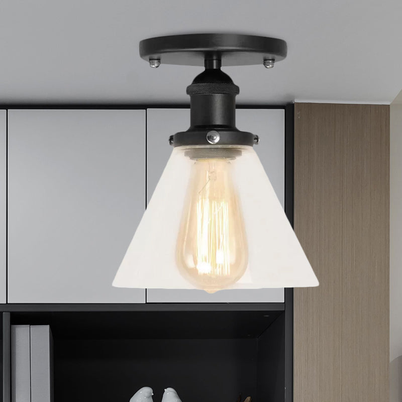 Single Bulb Semi Flush Mount Industrial Conical Clear Glass Ceiling Light in Black/Brass/Copper Clearhalo 'Ceiling Lights' 'Close To Ceiling Lights' 'Close to ceiling' 'Flush mount' 'Industrial Flush Mount' Lighting' 1417931