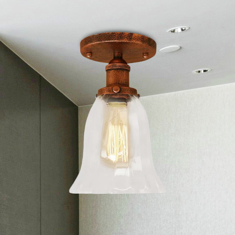 One Bulb Lighting Fixture Industrial Flared Clear Glass Semi Flush Mount Light in Black/Bronze/Copper Clearhalo 'Ceiling Lights' 'Close To Ceiling Lights' 'Close to ceiling' 'Flush mount' 'Industrial Flush Mount' Lighting' 1417933