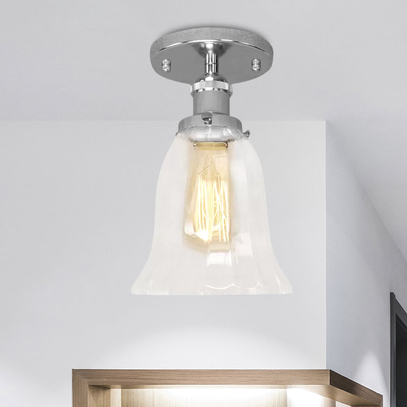 One Bulb Lighting Fixture Industrial Flared Clear Glass Semi Flush Mount Light in Black/Bronze/Copper Clearhalo 'Ceiling Lights' 'Close To Ceiling Lights' 'Close to ceiling' 'Flush mount' 'Industrial Flush Mount' Lighting' 1417934