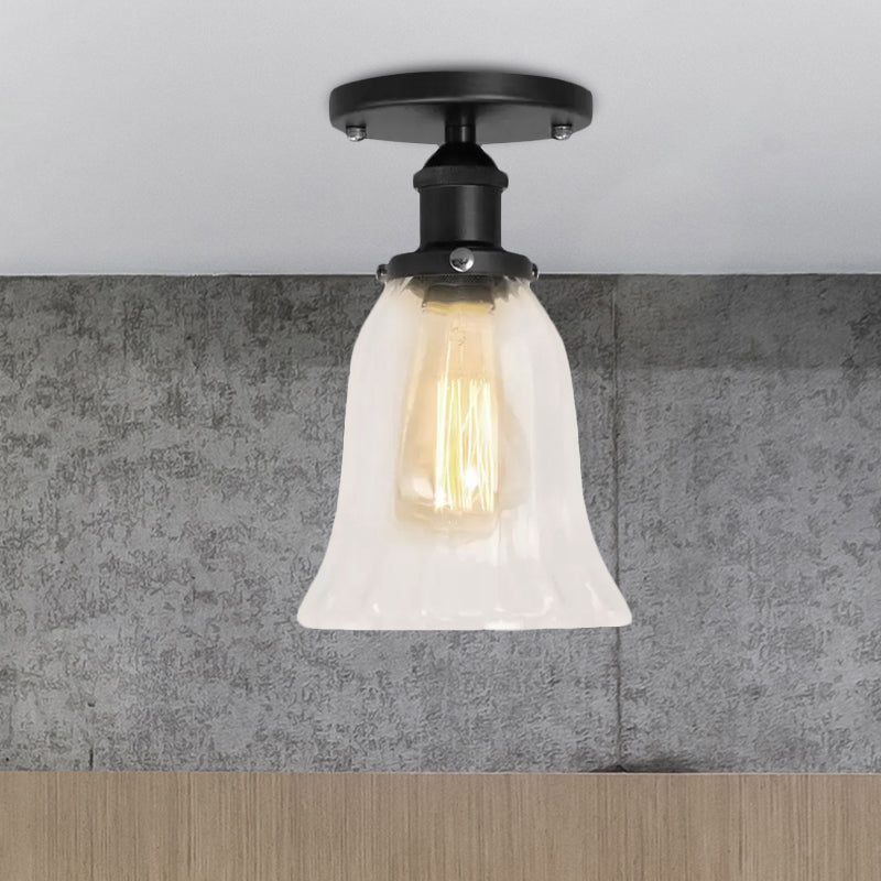 One Bulb Lighting Fixture Industrial Flared Clear Glass Semi Flush Mount Light in Black/Bronze/Copper Clearhalo 'Ceiling Lights' 'Close To Ceiling Lights' 'Close to ceiling' 'Flush mount' 'Industrial Flush Mount' Lighting' 1417938