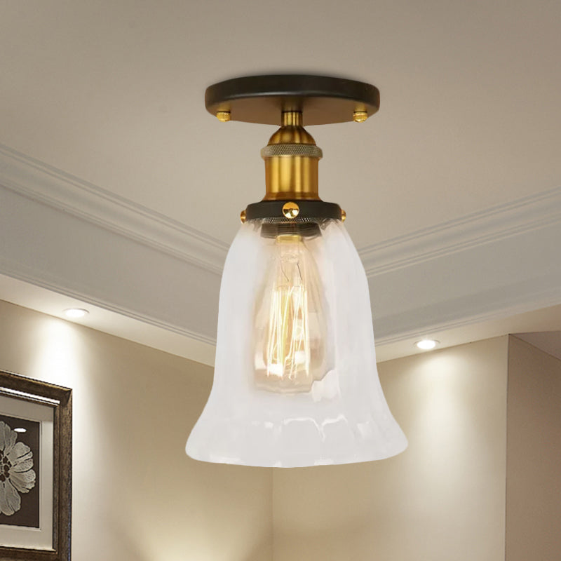 One Bulb Lighting Fixture Industrial Flared Clear Glass Semi Flush Mount Light in Black/Bronze/Copper Clearhalo 'Ceiling Lights' 'Close To Ceiling Lights' 'Close to ceiling' 'Flush mount' 'Industrial Flush Mount' Lighting' 1417939