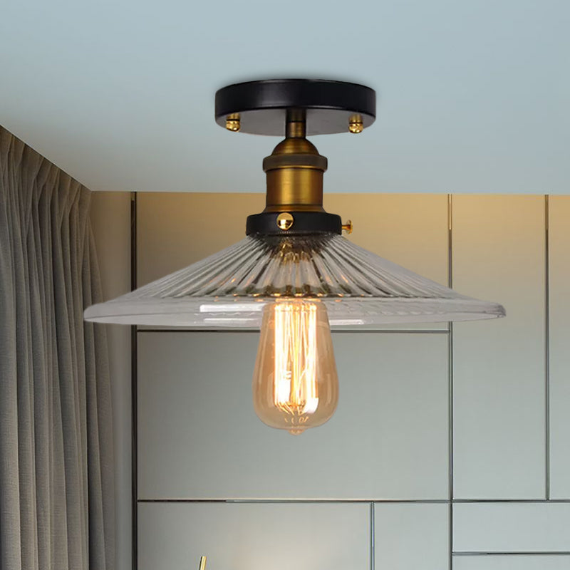Cone Ribbed Glass Semi Mount Lighting Industrial 1 Bulb Living Room Ceiling Light in Black/Brass/Copper Clearhalo 'Ceiling Lights' 'Close To Ceiling Lights' 'Close to ceiling' 'Flush mount' 'Industrial Flush Mount' Lighting' 1417940