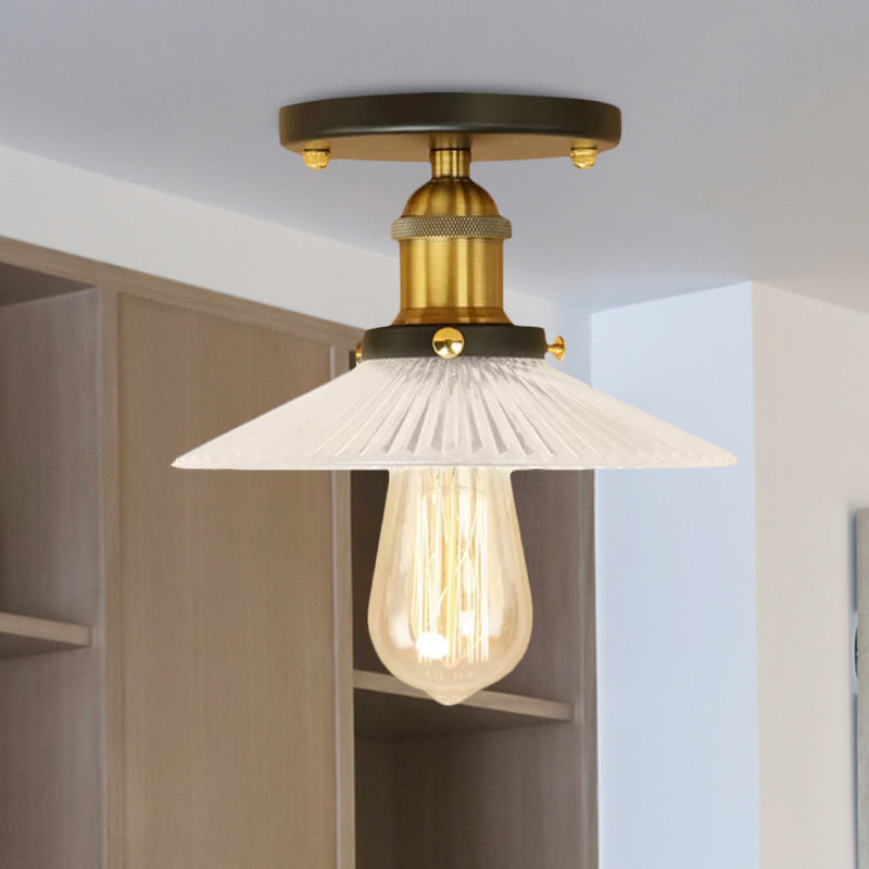 Cone Ribbed Glass Semi Mount Lighting Industrial 1 Bulb Living Room Ceiling Light in Black/Brass/Copper Clearhalo 'Ceiling Lights' 'Close To Ceiling Lights' 'Close to ceiling' 'Flush mount' 'Industrial Flush Mount' Lighting' 1417941