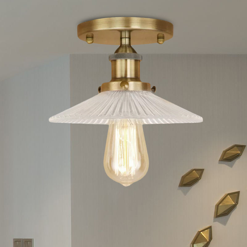 Cone Ribbed Glass Semi Mount Lighting Industrial 1 Bulb Living Room Ceiling Light in Black/Brass/Copper Clearhalo 'Ceiling Lights' 'Close To Ceiling Lights' 'Close to ceiling' 'Flush mount' 'Industrial Flush Mount' Lighting' 1417942