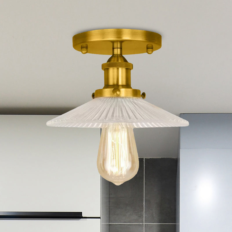 Cone Ribbed Glass Semi Mount Lighting Industrial 1 Bulb Living Room Ceiling Light in Black/Brass/Copper Clearhalo 'Ceiling Lights' 'Close To Ceiling Lights' 'Close to ceiling' 'Flush mount' 'Industrial Flush Mount' Lighting' 1417943