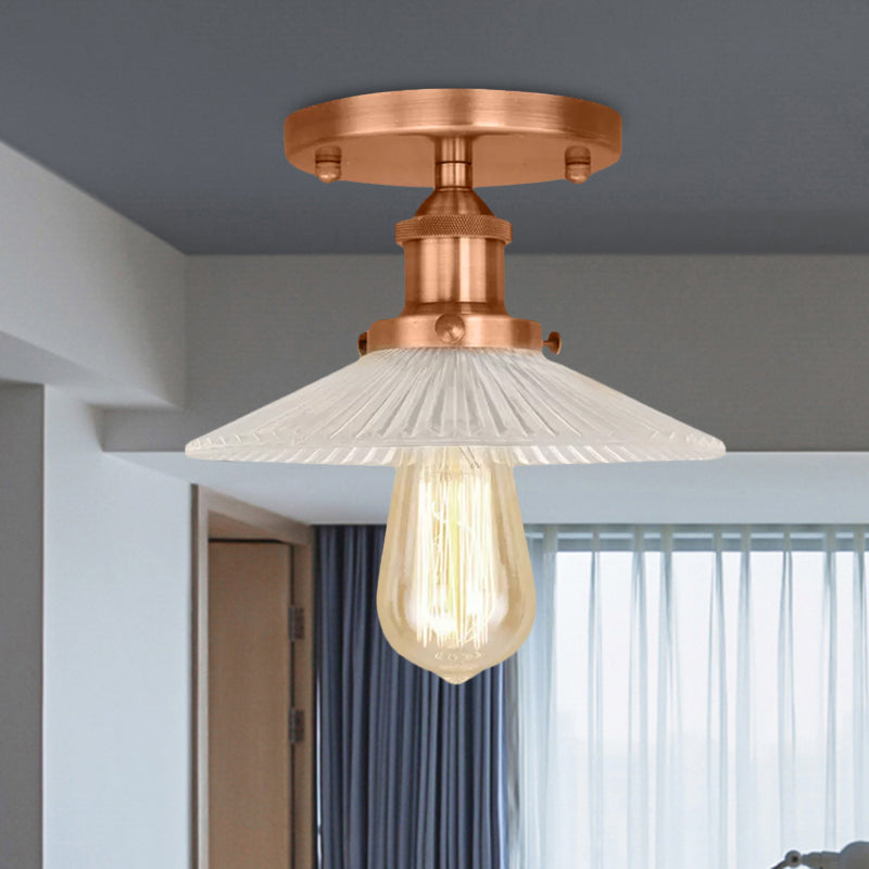 Cone Ribbed Glass Semi Mount Lighting Industrial 1 Bulb Living Room Ceiling Light in Black/Brass/Copper Clearhalo 'Ceiling Lights' 'Close To Ceiling Lights' 'Close to ceiling' 'Flush mount' 'Industrial Flush Mount' Lighting' 1417944