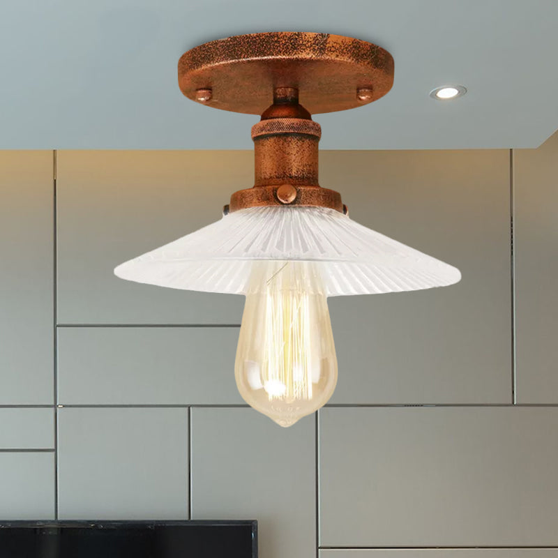 Cone Ribbed Glass Semi Mount Lighting Industrial 1 Bulb Living Room Ceiling Light in Black/Brass/Copper Clearhalo 'Ceiling Lights' 'Close To Ceiling Lights' 'Close to ceiling' 'Flush mount' 'Industrial Flush Mount' Lighting' 1417946