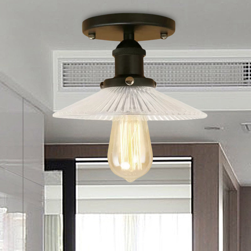 Cone Ribbed Glass Semi Mount Lighting Industrial 1 Bulb Living Room Ceiling Light in Black/Brass/Copper Clearhalo 'Ceiling Lights' 'Close To Ceiling Lights' 'Close to ceiling' 'Flush mount' 'Industrial Flush Mount' Lighting' 1417947