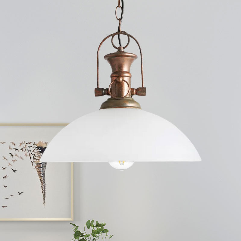 12"/15.5" Wide Dome Pendant Lighting Industrial 1 Light White/Green Glass Hanging Lamp in Rust Clearhalo 'Ceiling Lights' 'Glass shade' 'Glass' 'Industrial Pendants' 'Industrial' 'Middle Century Pendants' 'Pendant Lights' 'Pendants' 'Tiffany' Lighting' 1417970