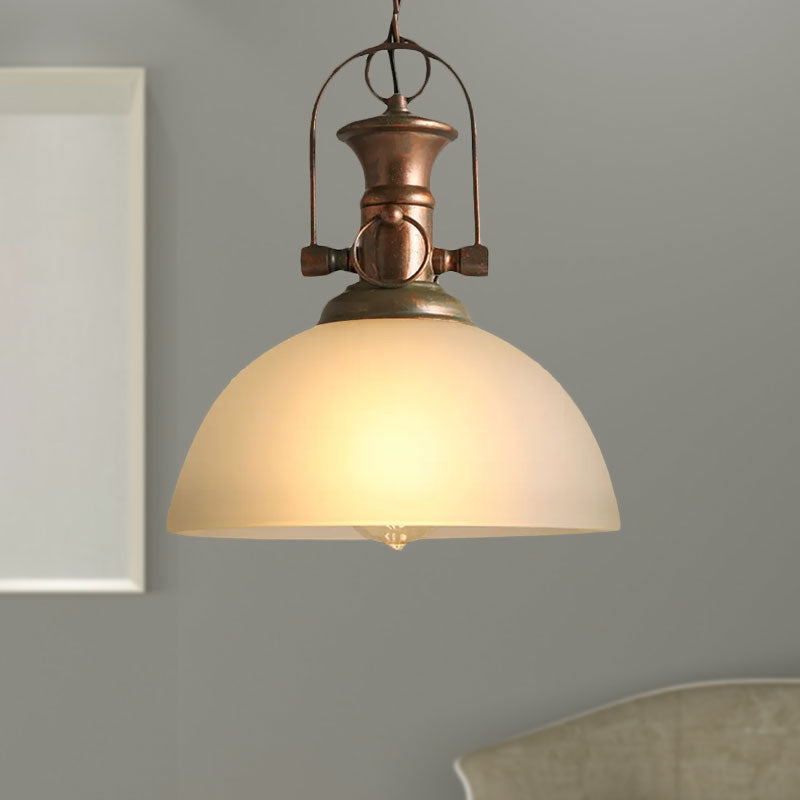 12"/15.5" Wide Dome Pendant Lighting Industrial 1 Light White/Green Glass Hanging Lamp in Rust Clearhalo 'Ceiling Lights' 'Glass shade' 'Glass' 'Industrial Pendants' 'Industrial' 'Middle Century Pendants' 'Pendant Lights' 'Pendants' 'Tiffany' Lighting' 1417971