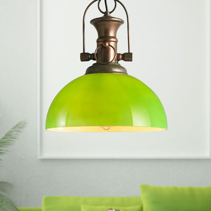 12"/15.5" Wide Dome Pendant Lighting Industrial 1 Light White/Green Glass Hanging Lamp in Rust Clearhalo 'Ceiling Lights' 'Glass shade' 'Glass' 'Industrial Pendants' 'Industrial' 'Middle Century Pendants' 'Pendant Lights' 'Pendants' 'Tiffany' Lighting' 1417972