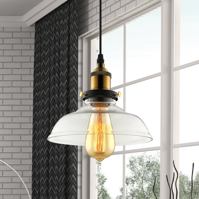 Barn Pendant Light Industrial 1 Light 8"/10"/12" Wide Prismatic Glass Hanging Lamp in Clear Clearhalo 'Ceiling Lights' 'Close To Ceiling Lights' 'Glass shade' 'Glass' 'Industrial Pendants' 'Industrial' 'Middle Century Pendants' 'Pendant Lights' 'Pendants' 'Tiffany' Lighting' 1417992